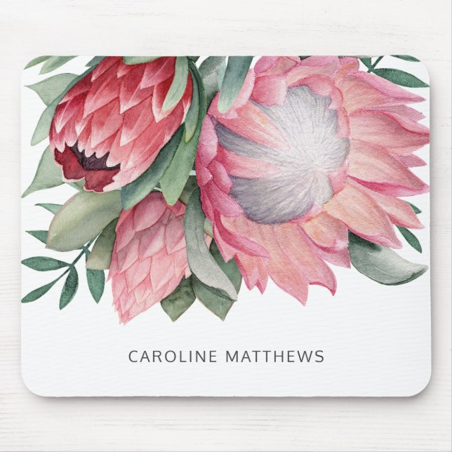 Mousepad Watercolor King Protea Buquê Botânica com Nome (Frente)