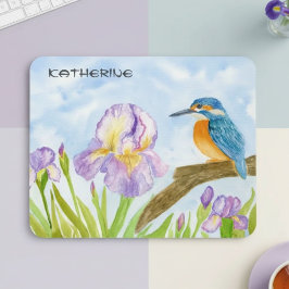 Mousepad Watercolor Kingfisher with Purple Irises 