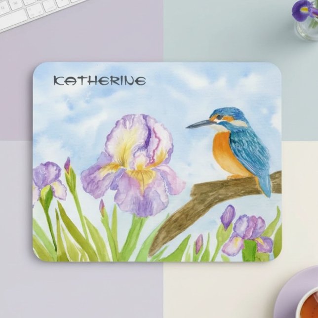 Mousepad Watercolor Kingfisher with Purple Irises  (Criador carregado)
