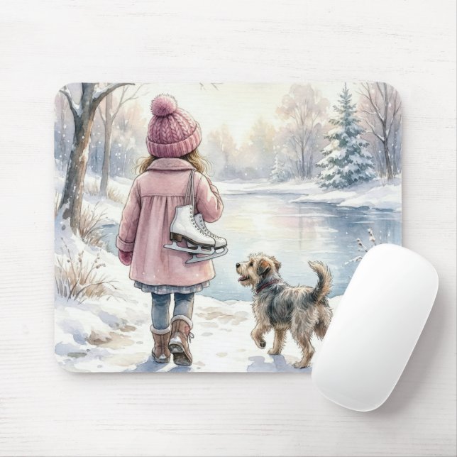 Mousepad Watercolor Little Girl With Ice Skates and Dog (Com mouse)
