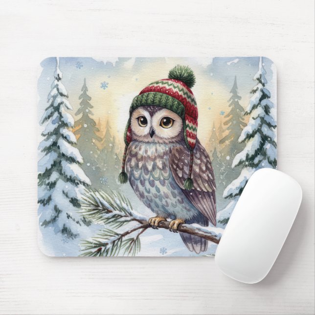 Mousepad Watercolor Owl In Winter Hat (Com mouse)