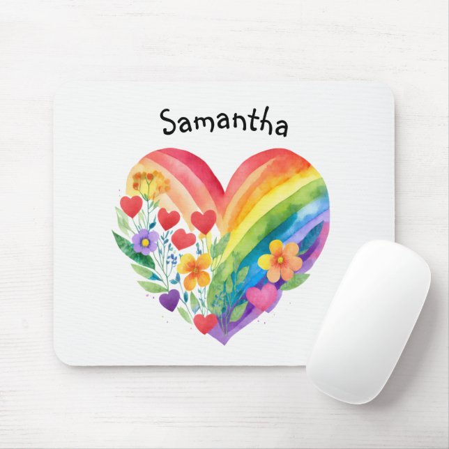 Mousepad Watercolor Rainbow Heart & Flowers Personalized (Com mouse)