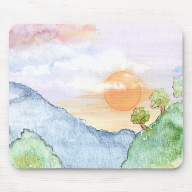Mousepad Watercolor Sunset sobre Montanhas e Árvores (Frente)