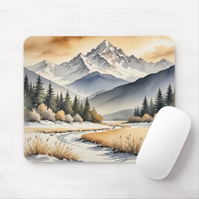 Mousepad Watercolor Winter Mountain Valley (Com mouse)
