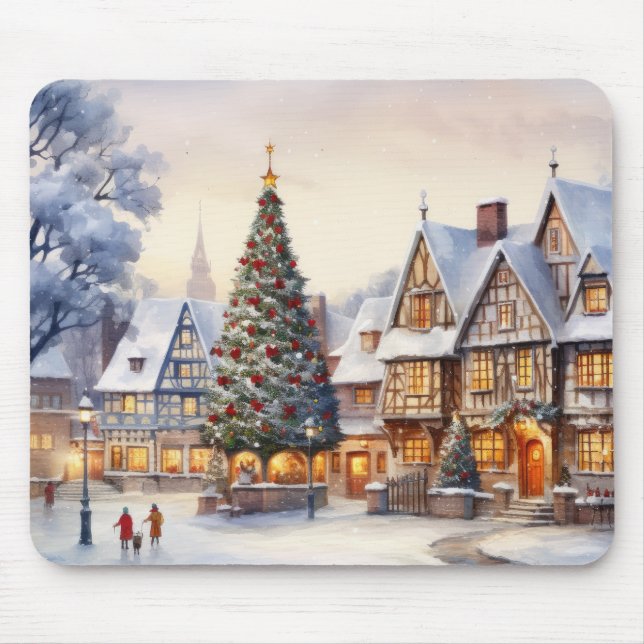 Mousepad Watercolor Winter Scenery Christmas Village (Frente)