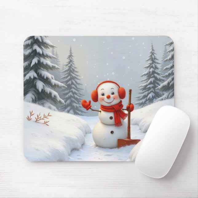 Mousepad Waving Snowman With a Red Shovel (Com mouse)