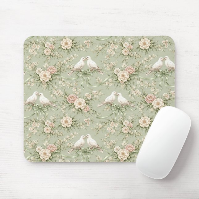 Mousepad Wedding Doves with Roses and Ribbons (Com mouse)