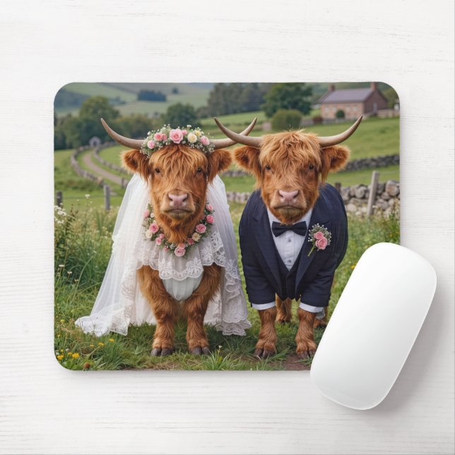 Mousepad Wedding Highland Cows in a Pasture (Com mouse)