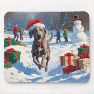 Mousepad Weimaraner Correndo na Neve com Chapéu de Natal