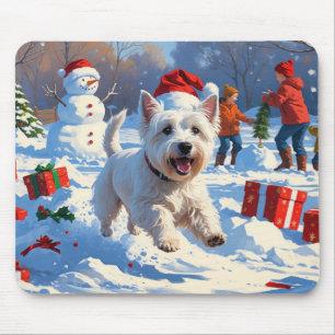 Mousepad Westie Correndo na Neve com Chapéu de Natal