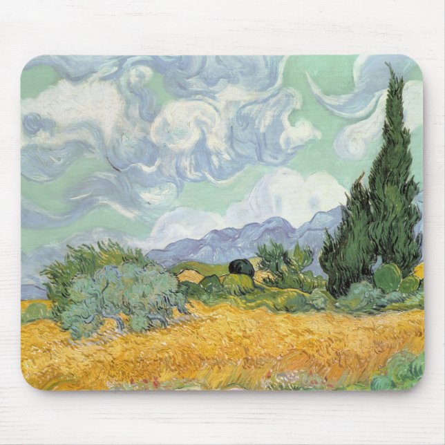 Mousepad Wheatfield com ciprestes, 1889 de Vincent van Gogh (Frente)
