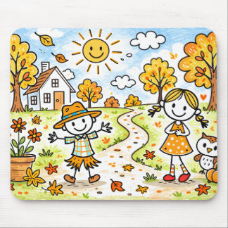 Mousepad Whimsical Autumn Kids and Owl