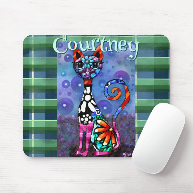 Mousepad Whimsical Big-Eyed Funky Kitty Cat Personalized (Com mouse)