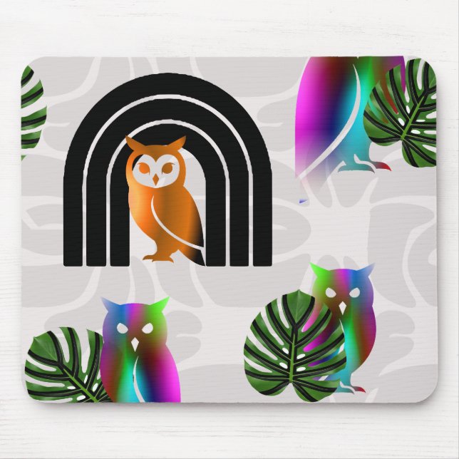 Mousepad Whimsical Boho Owl & Tropical Monstera Leaf (Frente)