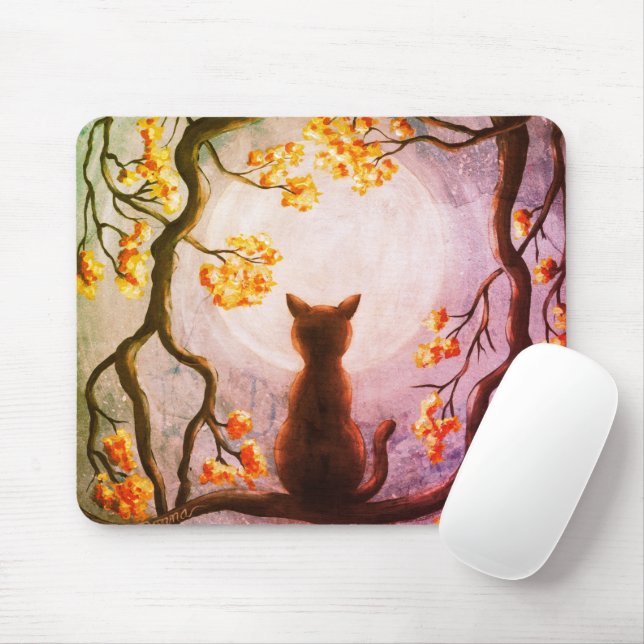 Mousepad Whimsical Cat in Tree Full Moon (Com mouse)