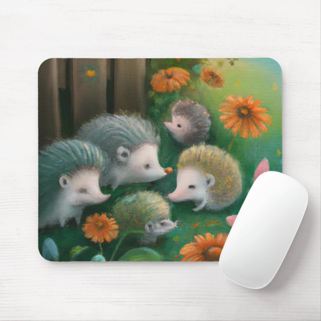 Mousepad Whimsical Hedgehog Family Picnicking in the Garden (Com mouse)