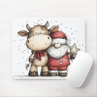 Mousepad Whimsical Santa & Moo-Moo Holiday Christmas Cheer