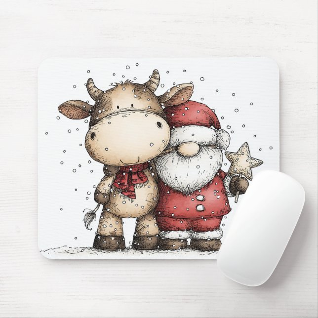 Mousepad Whimsical Santa & Moo-Moo Holiday Christmas Cheer (Com mouse)