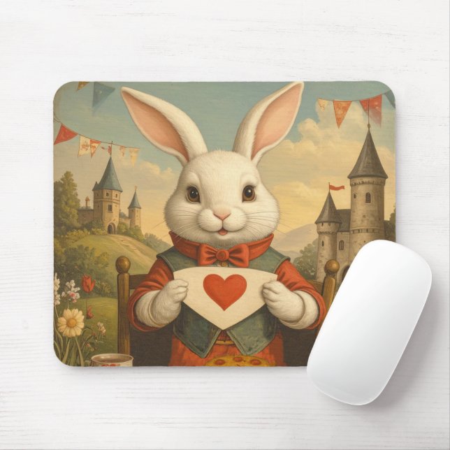 Mousepad Whimsical White Rabbit Hearts Enchanted Wonderland (Com mouse)