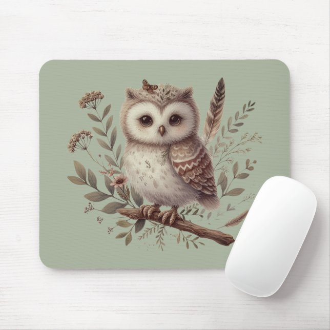 Mousepad Whimsical Woodland Owl Botanical Illustration (Com mouse)