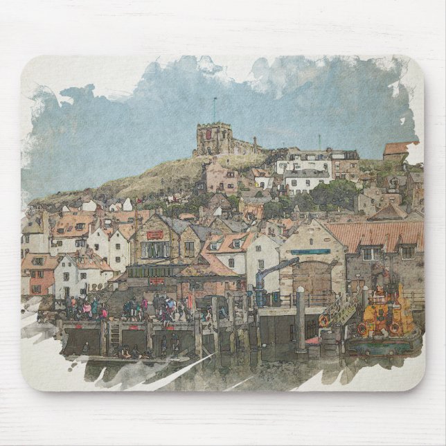 Mousepad Whitby Harbour and St Mary's Church Watercolor Art (Frente)