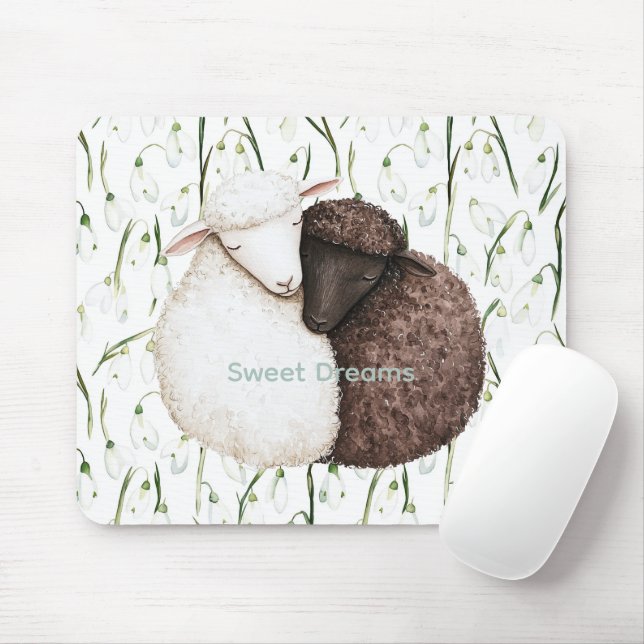 Mousepad White Brown Sheep Flowers  (Com mouse)