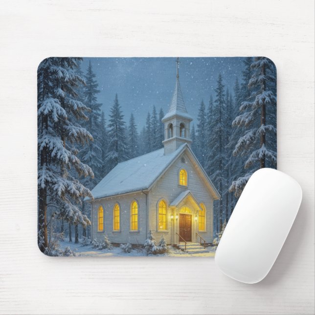 Mousepad White Christmas Chapel In Winter Pines (Com mouse)
