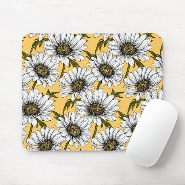 Mousepad White daisies, wild flowers on yellow (Com mouse)