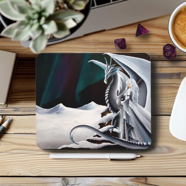 Mousepad White Dragon Woman Fantasy Auroras (Criador carregado)