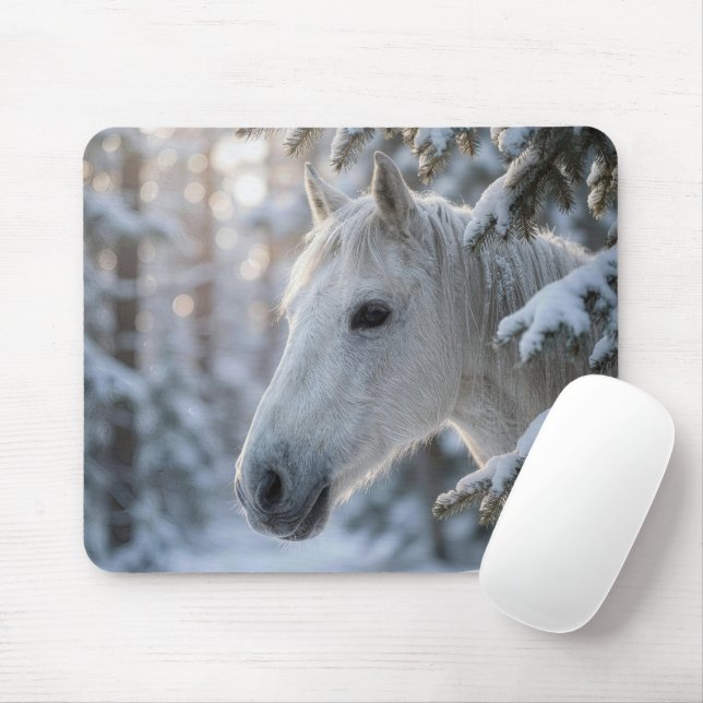 Mousepad White Horse In Snowy Pine Tree (Com mouse)