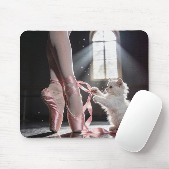 Mousepad White Kitten Untying a Ballerina Slipper (Com mouse)