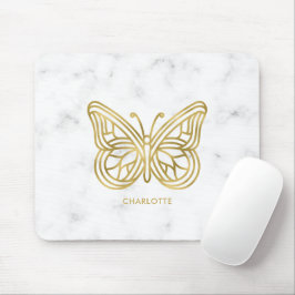 Mousepad White Marble and Gold Geometric Butterfly