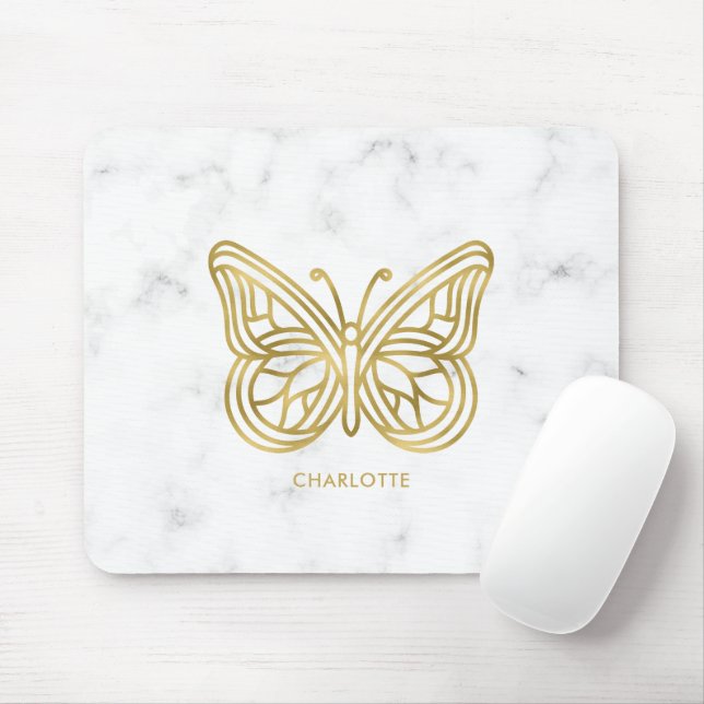 Mousepad White Marble and Gold Geometric Butterfly (Com mouse)