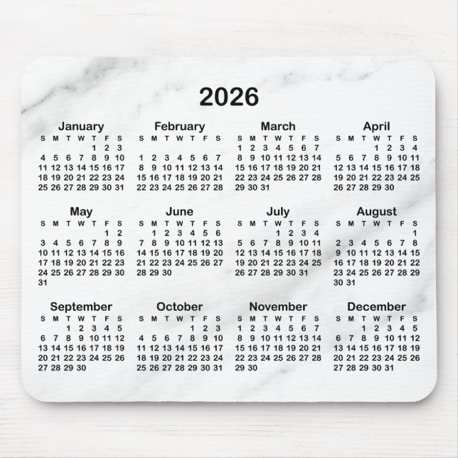 Mousepad White Marble Black 2026 Calendar (Frente)