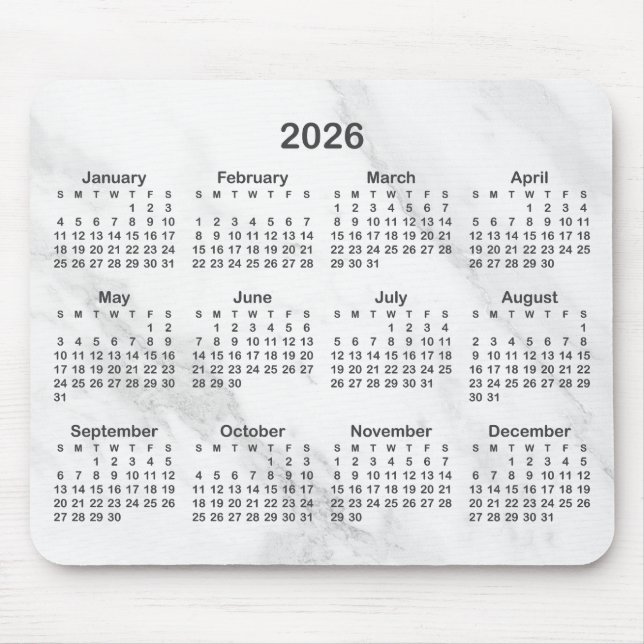 Mousepad White Marble Dark Grey 2026 Calendar (Frente)