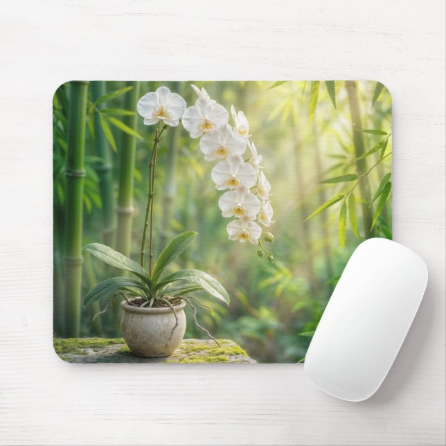 Mousepad White Orchids and Bamboo (Com mouse)
