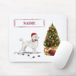 Mousepad White Poodle Engraçado Cachorro de Natal com Árvor