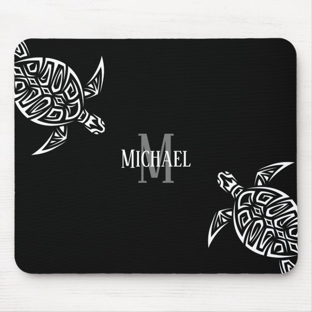 Mousepad White Turtle Tribal Black Background Monogram (Frente)