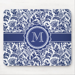 Mousepad William Morris azul e branco elegante floral