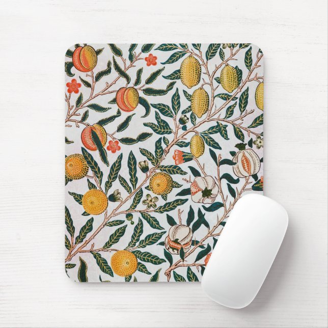 Mousepad William Morris Vintage Frutas Romã Branco (Com mouse)