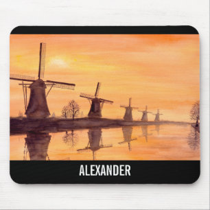 Mousepad Windmills Sunset Holland Watercolor Painting