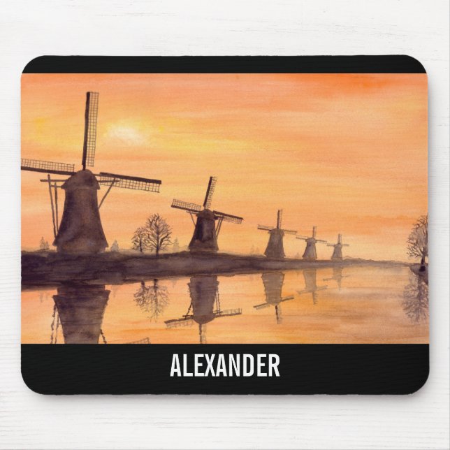Mousepad Windmills Sunset Holland Watercolor Painting (Frente)