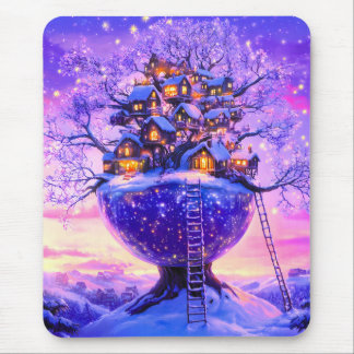 Mousepad Winter Fantasy Snowy Tree Village Landscape