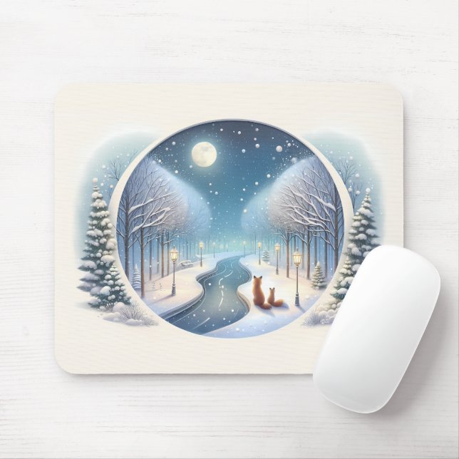 Mousepad Winter Foxes by Moonlit Snowy River (Com mouse)