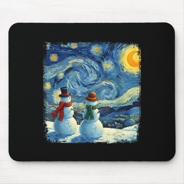 Mousepad Winter Snowman Van Gogh Starry Night Christmas  (Frente)
