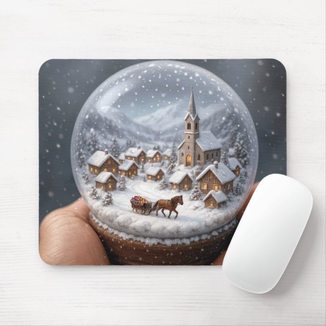 Mousepad Winter Village In a Christmas Snow Globe (Com mouse)