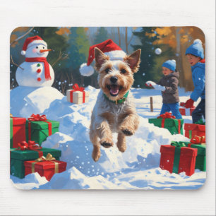 Mousepad Wire Fox Terrier Correndo na Neve com Chapéu de Na