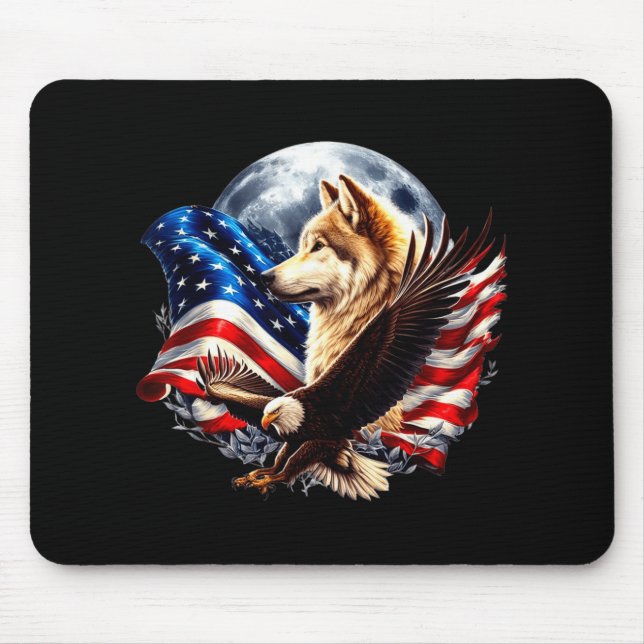 Mousepad Wolf Bald Eagle American Flag Full Moon New Years  (Frente)