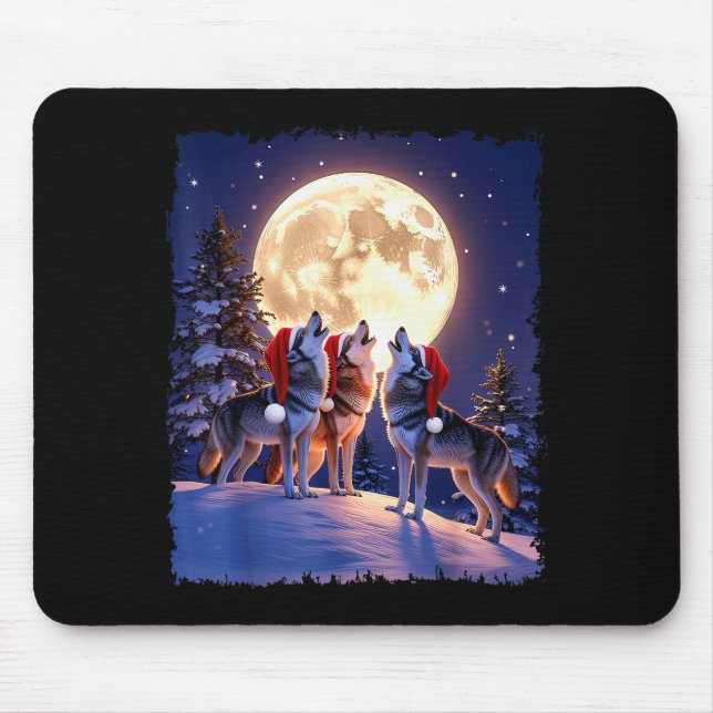 Mousepad Wolf Christmas Funny 3 Wolf Howling Moon Santa Hat (Frente)