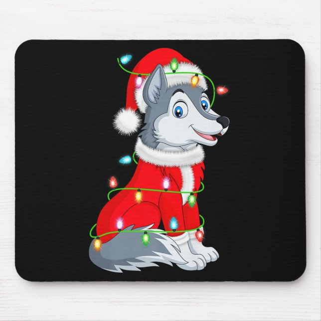 Mousepad Wolf Christmas Lights Santa Costume Cute Animal Xm (Frente)